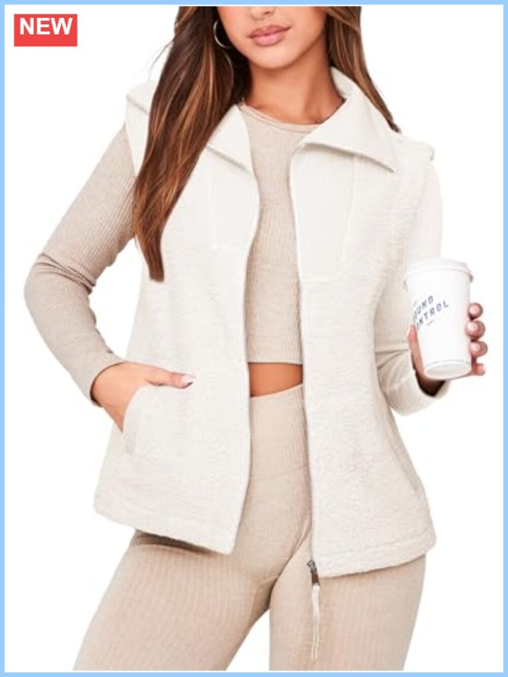 Fleece Vest Top Sleeveless Fuzzy Zip Up V Neck Sherpa Jacket with Pockets